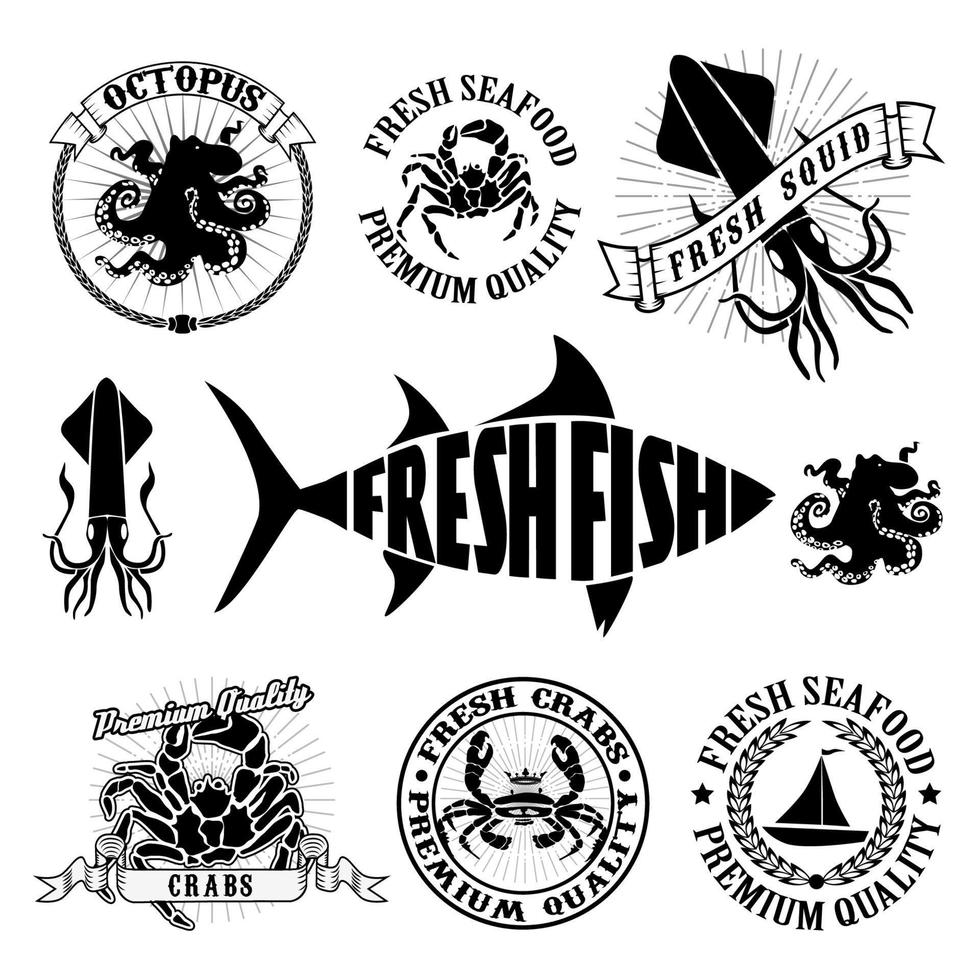 etiquetas vintage retro de comida marina como logotipos, logotipos, etiquetas, insignias, sellos y símbolos. vector