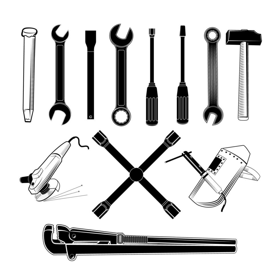 Set silhouettes of tools. Open-end wrench, adjustable wrench, spanner, hammer vector