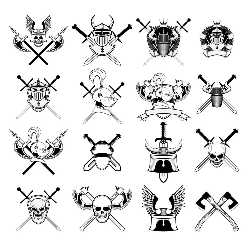 knight logo set. Skull in horned helmet, crossed axes, crossed swords, viking helmet, shield, . Logos can be easily disassembled into separate items. vector