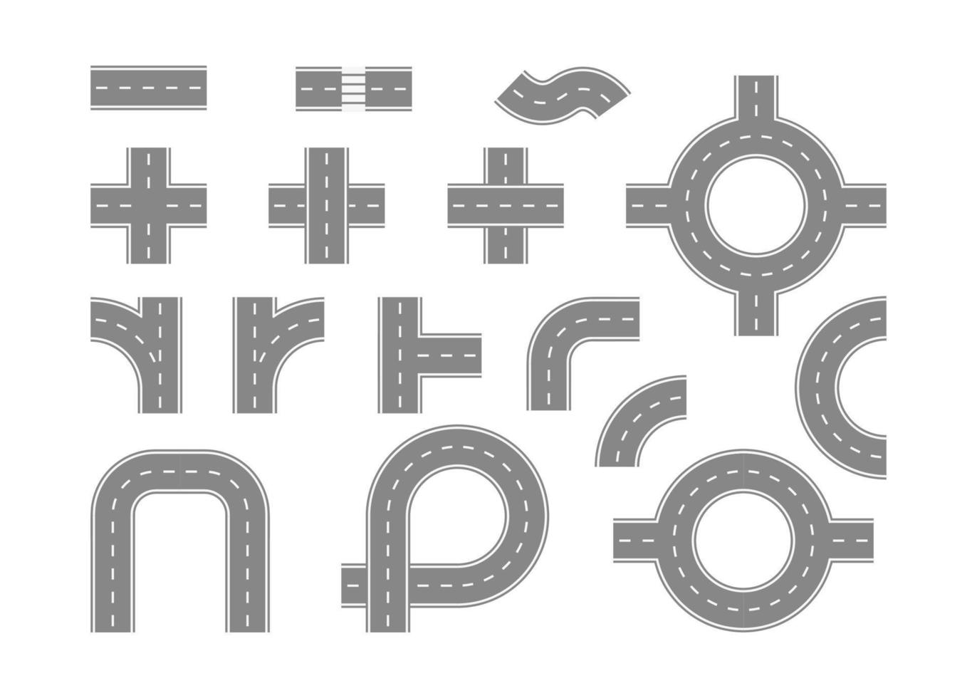 Section path street, road and highway set, top view. Line elements road for transport city map. Different types piece of route. Piece asphalt path turn, join, roundabout, crossroads. Vector