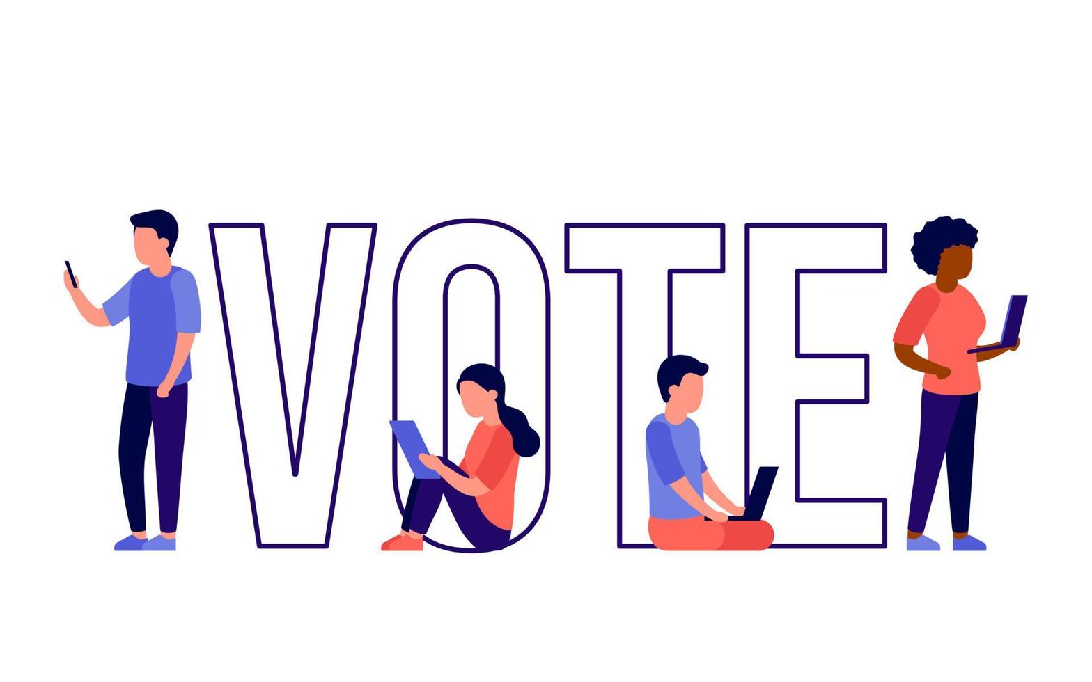 Voting concept people stand together near the big letters of word VOTE. Electronic vote campaign on election. Voters choose. Online electronic voting and election concept. Vector