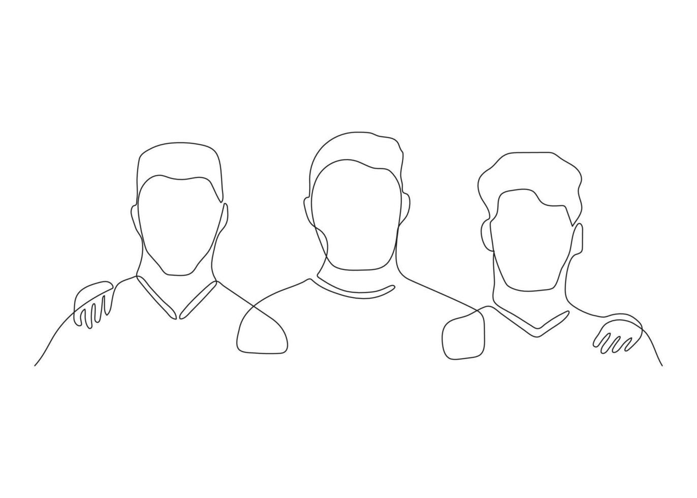 Community man friend hug other males as support, continuous one art line drawing. Three human heads, mens team work, unity group. Brothers in embrace. Vector outline illustration