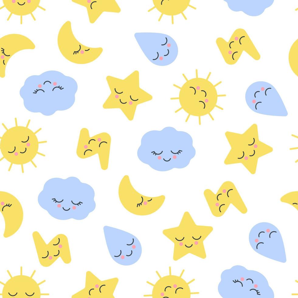 Sleepy nature weather kid pattern with cute face toy sun, moon month, star, cloud, drop and lightning for baby design. Seamless background for childish fabric, textile, print sign. Kids sleep. Vector