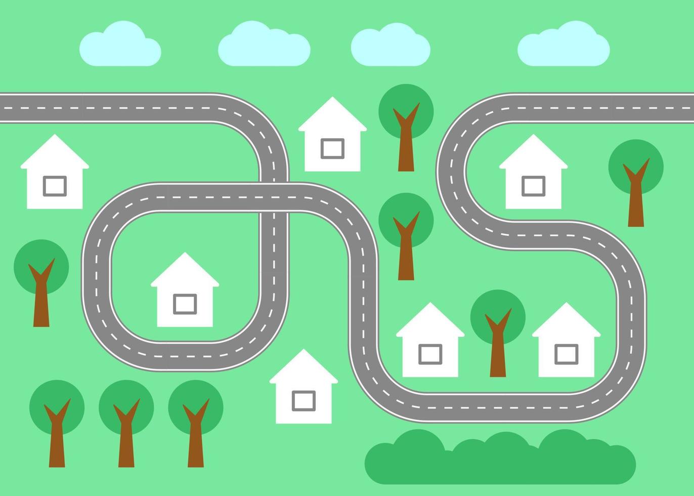 Map path street, road and highway, top view. Road for transport city map. Plan route of race. Track asphalt path and house. Vector
