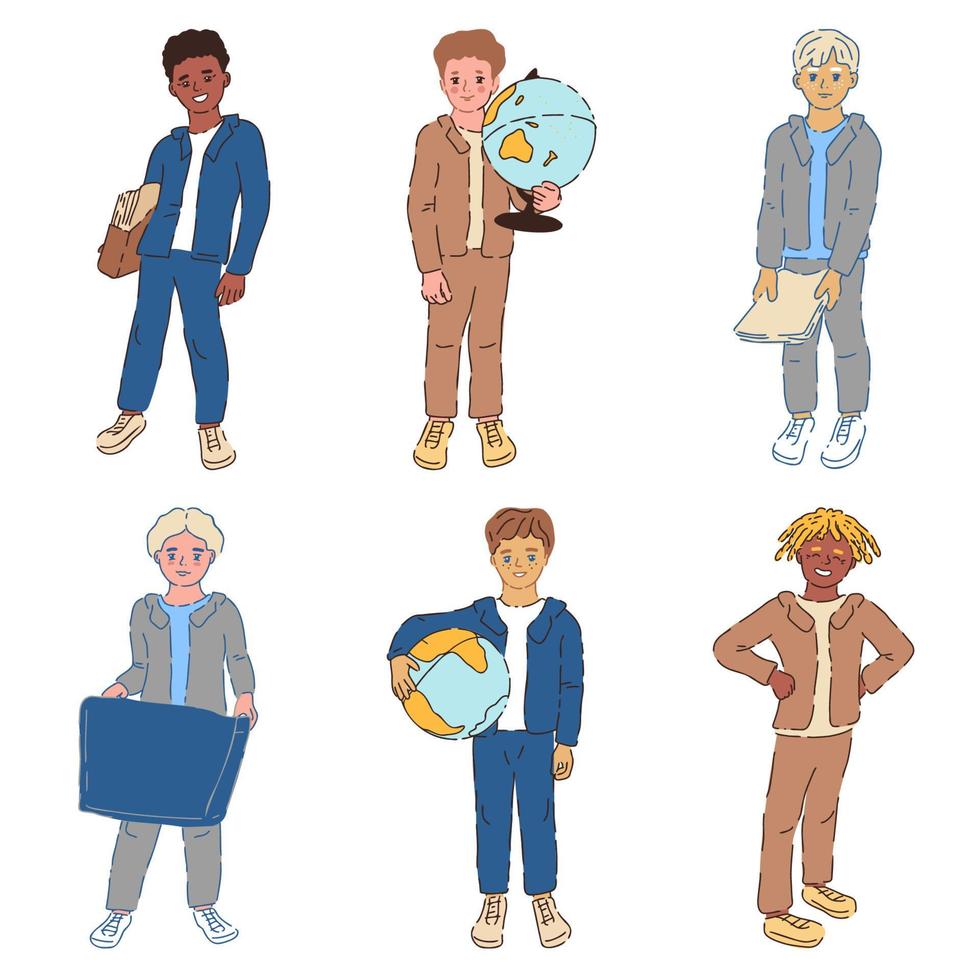 Students different characters set. Schoolboys in uniform with workbook, model of Earth, schoolbox. Secondary school pupils. Schoolchildren standing poses vector illustration