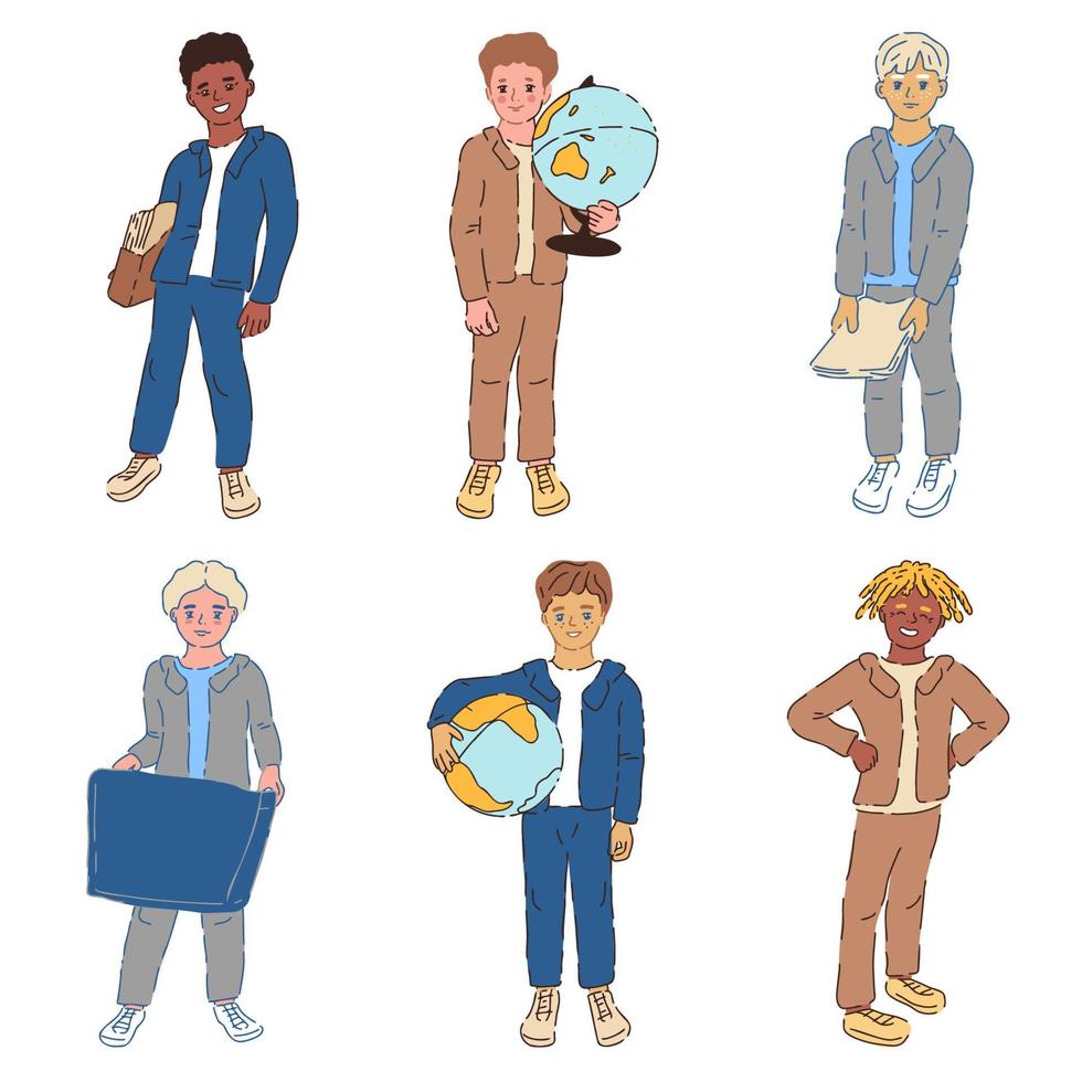 conjunto de diferentes personajes de los estudiantes. colegiales en uniforme con libro de trabajo, modelo de tierra, caja escolar. alumnos de secundaria. escolares de pie plantea ilustración vectorial vector