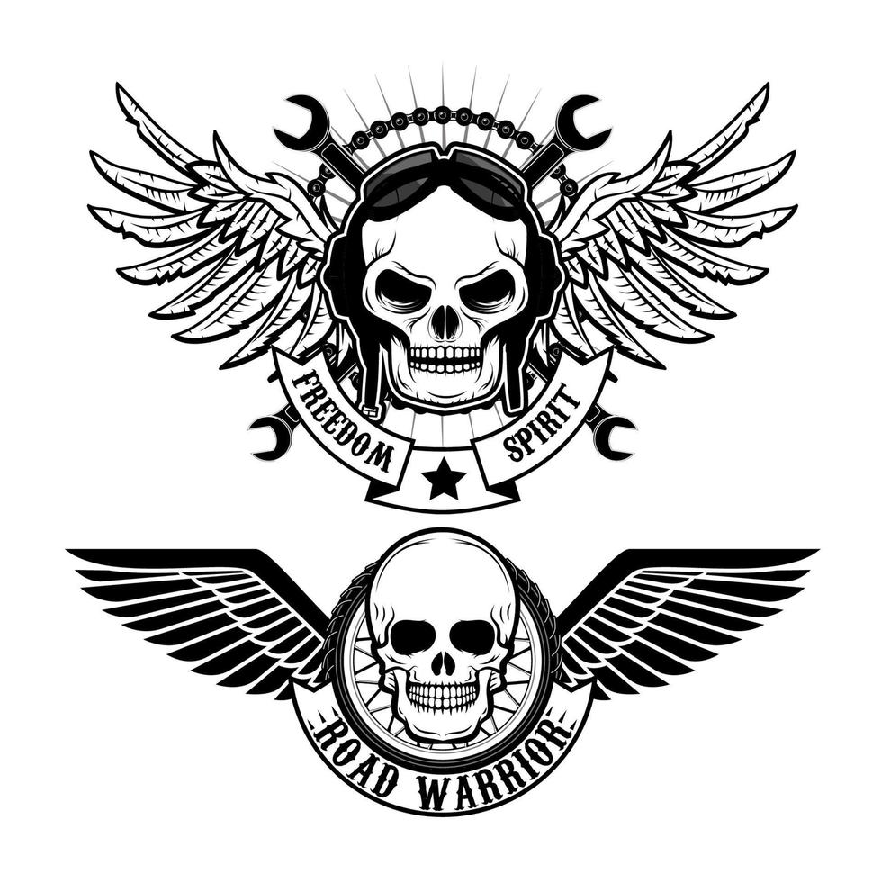 biker theme labels. skulls with wings. vector