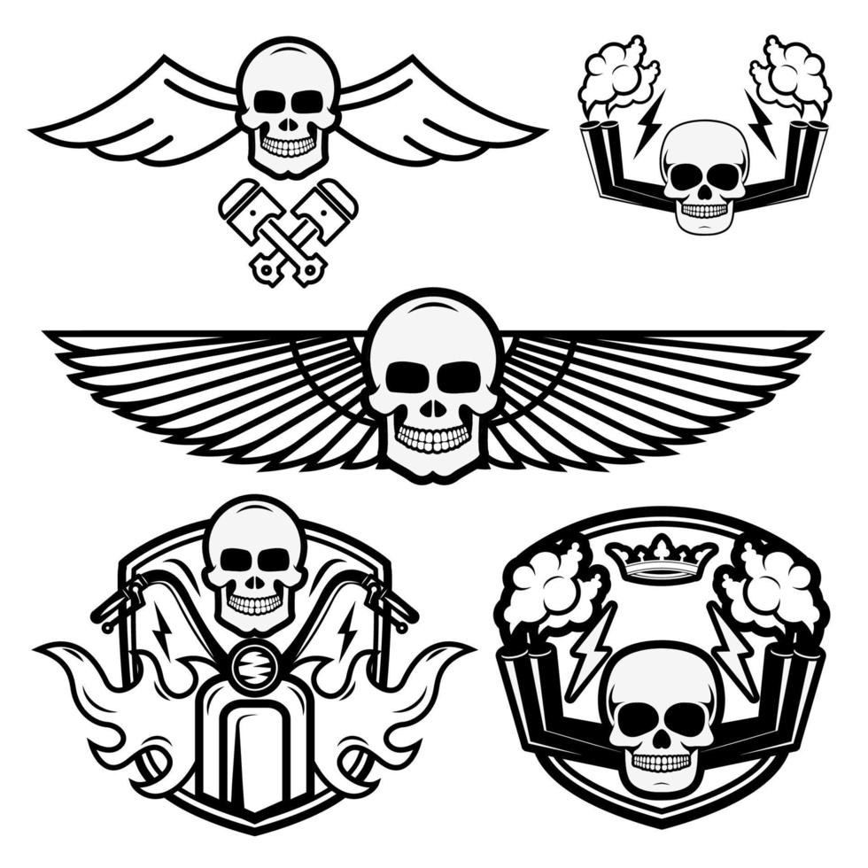 biker theme labels. skulls with wings. vector