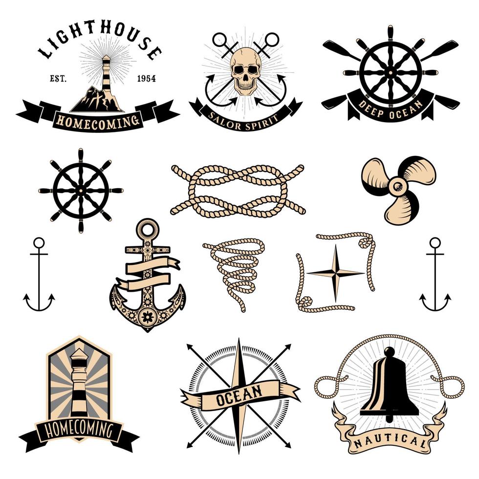 Vector pack of nautical elements. Rope swirls, logos and badges