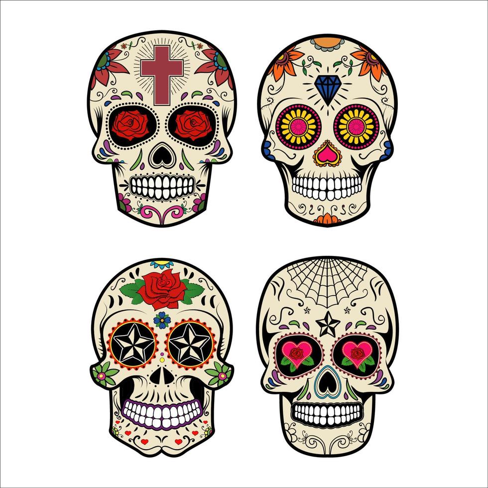 Set of the vector skulls. Day of the dead. Sugar skulls.