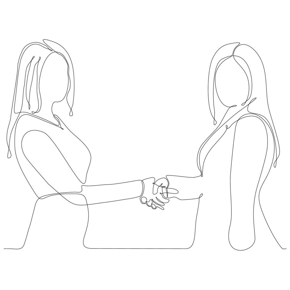 continuous line drawing two businesswomen shaking hands vector illustration