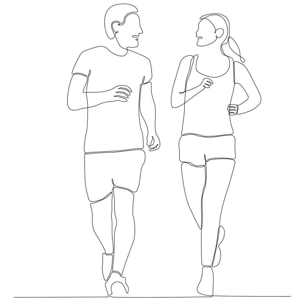 continuous line drawing of men and women by the morning vector illustration