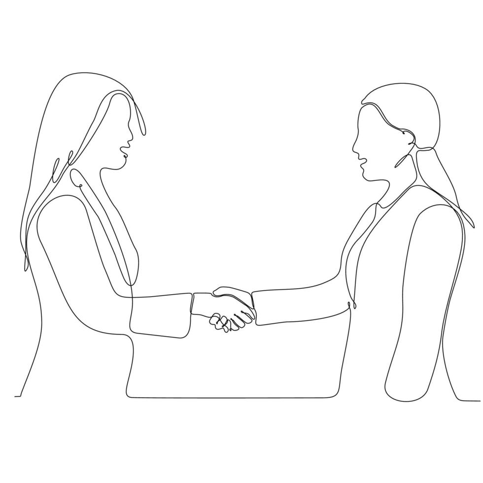 continuous line drawing two businesswomen shaking hands vector illustration