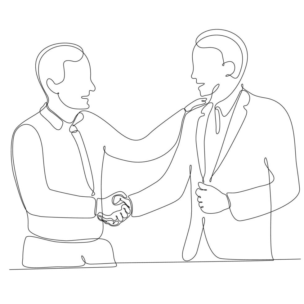 continuous line drawing two business men shaking hands vector illustration