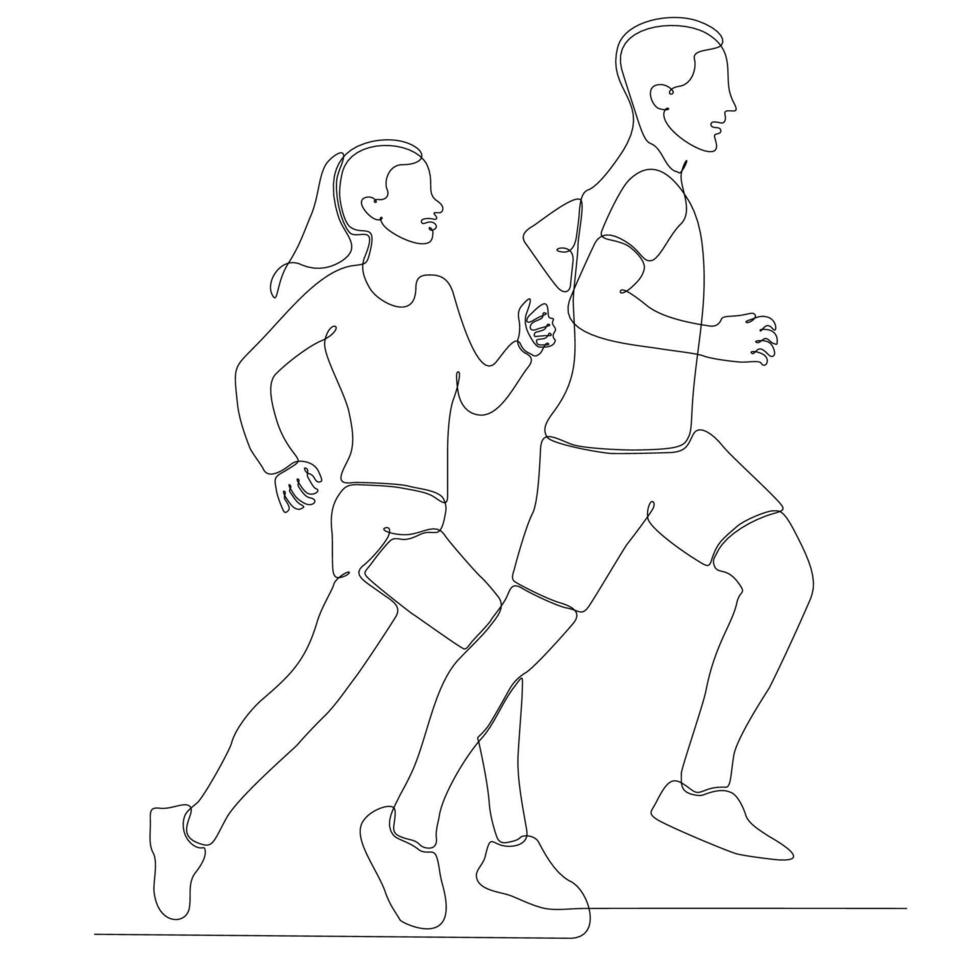 continuous line drawing of men and women by the morning vector illustration