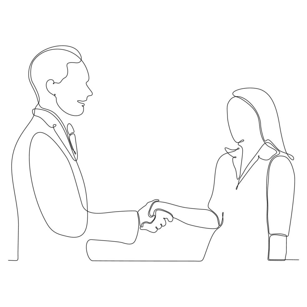 continuous line drawing business man and woman shaking hands vector illustration