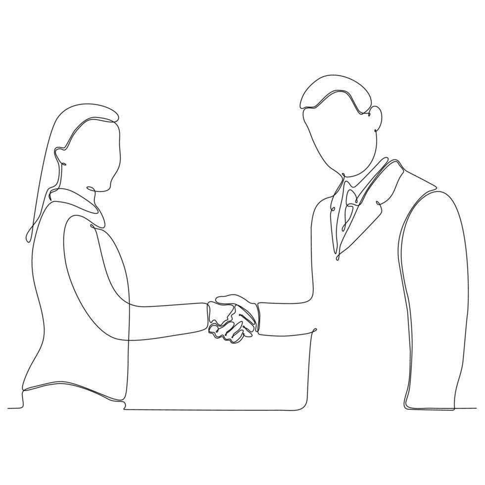 continuous line drawing business man and woman shaking hands vector illustration