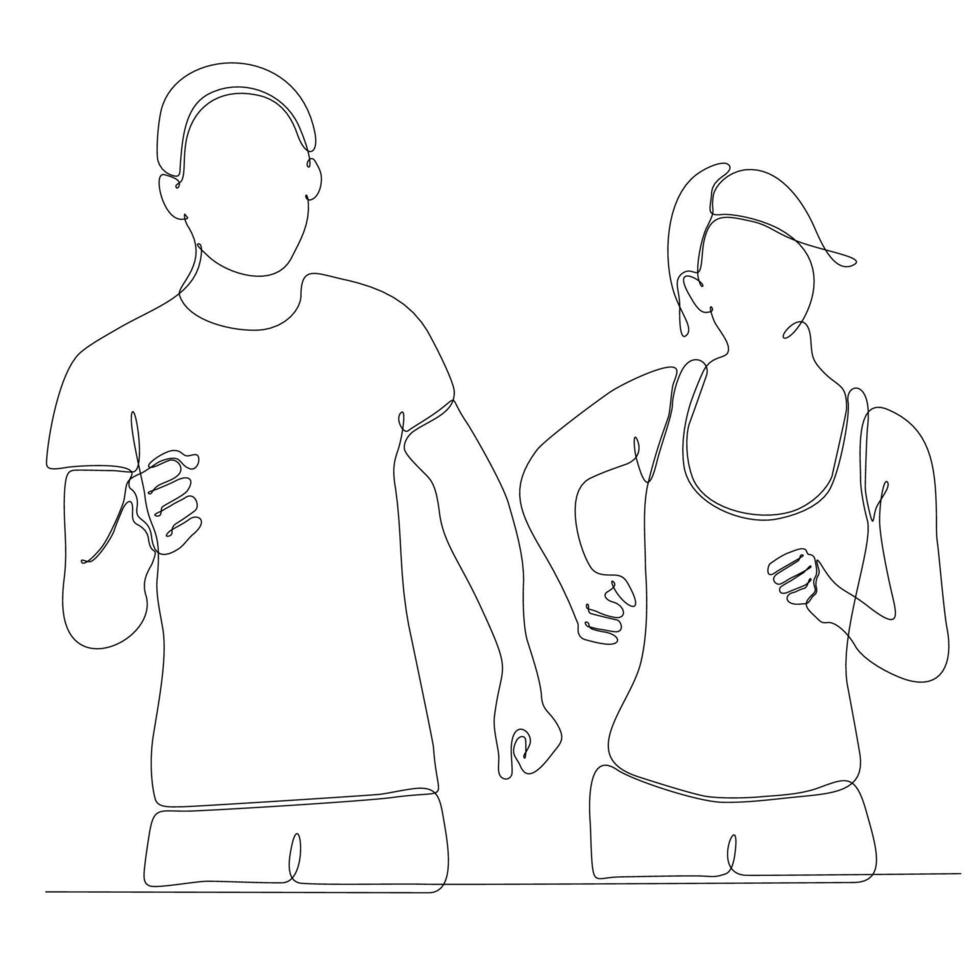 continuous line drawing of men and women by the morning vector illustration