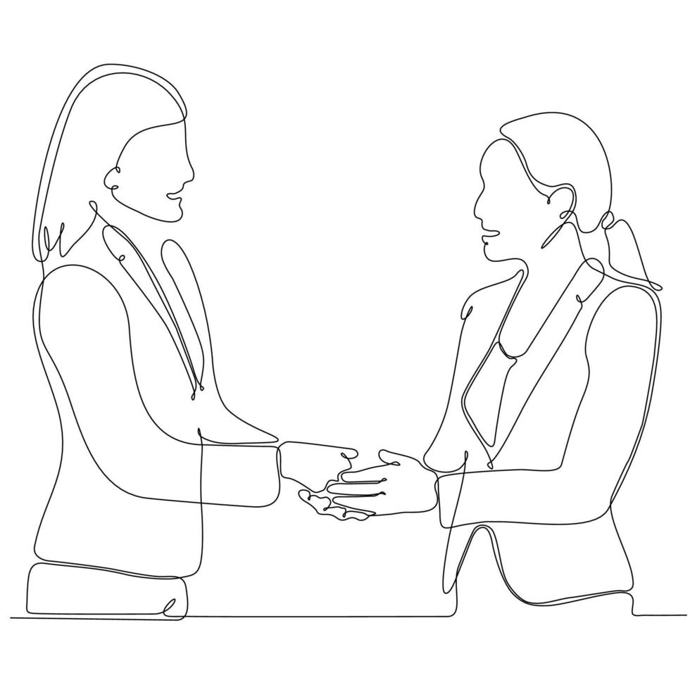 continuous line drawing two businesswomen shaking hands vector illustration