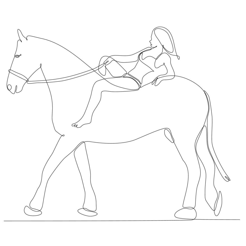 continuous line drawing woman riding horse vector illustration