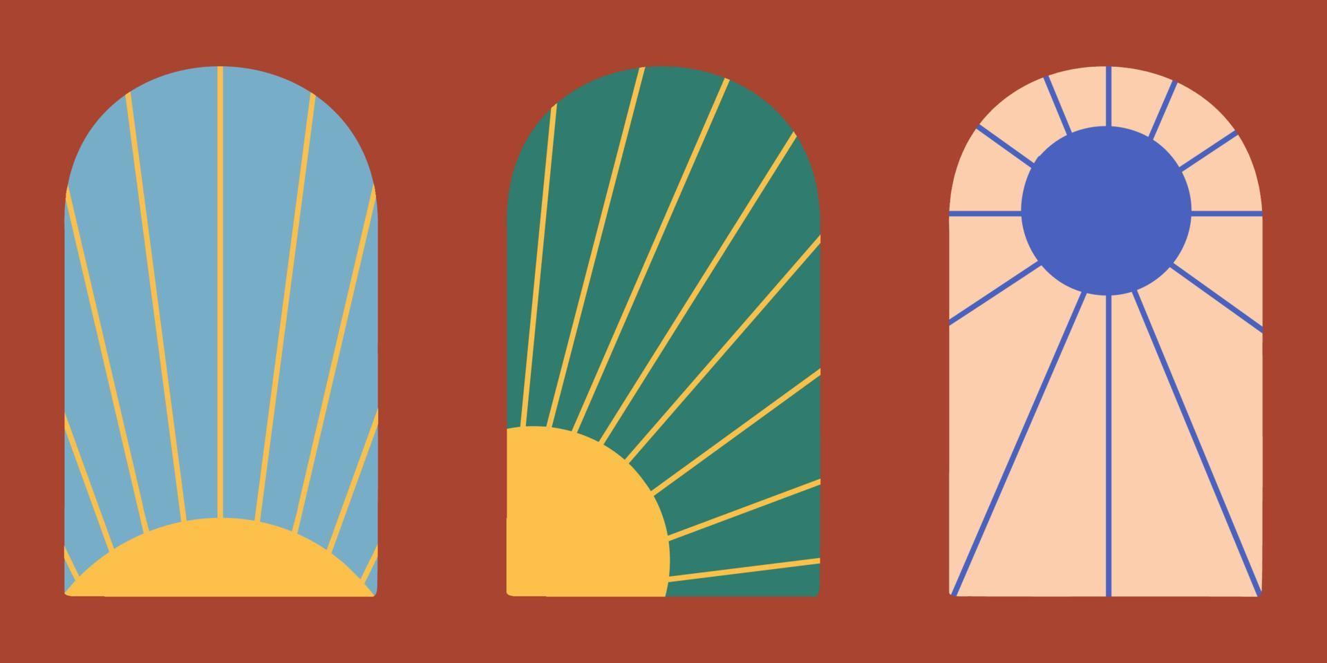 Bohemian arch windows geometric abstract design elements for decoration. Simple minimalistic boho sun with rays in arch composition. Wall art, posters, card, home interior vector illustration
