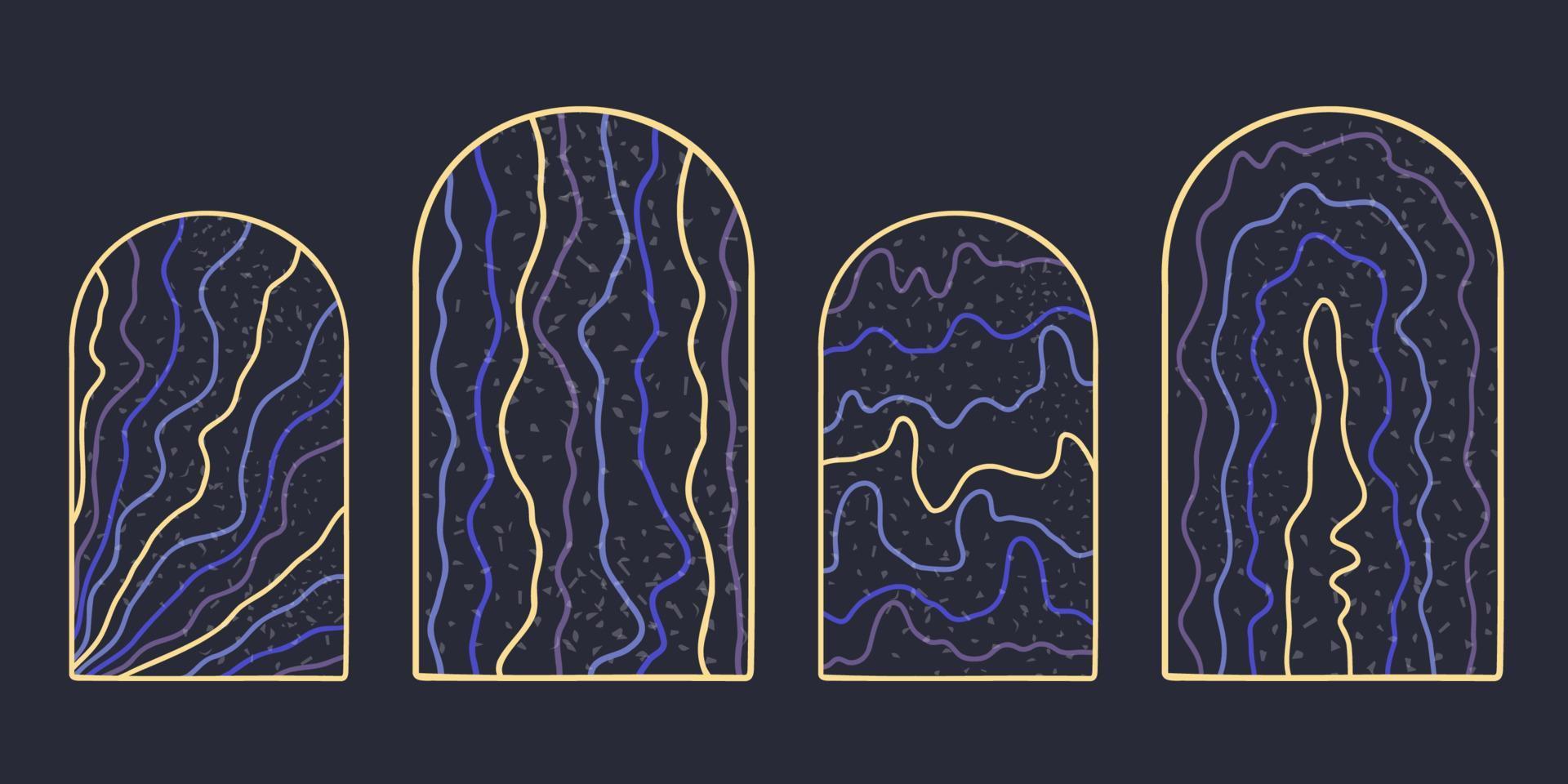 Bohemian wavy line arch windows, geometric abstract pattern from curved boho rays, magic simple scandinavian noisy lines in windows set, elements for decoration vector illustration.