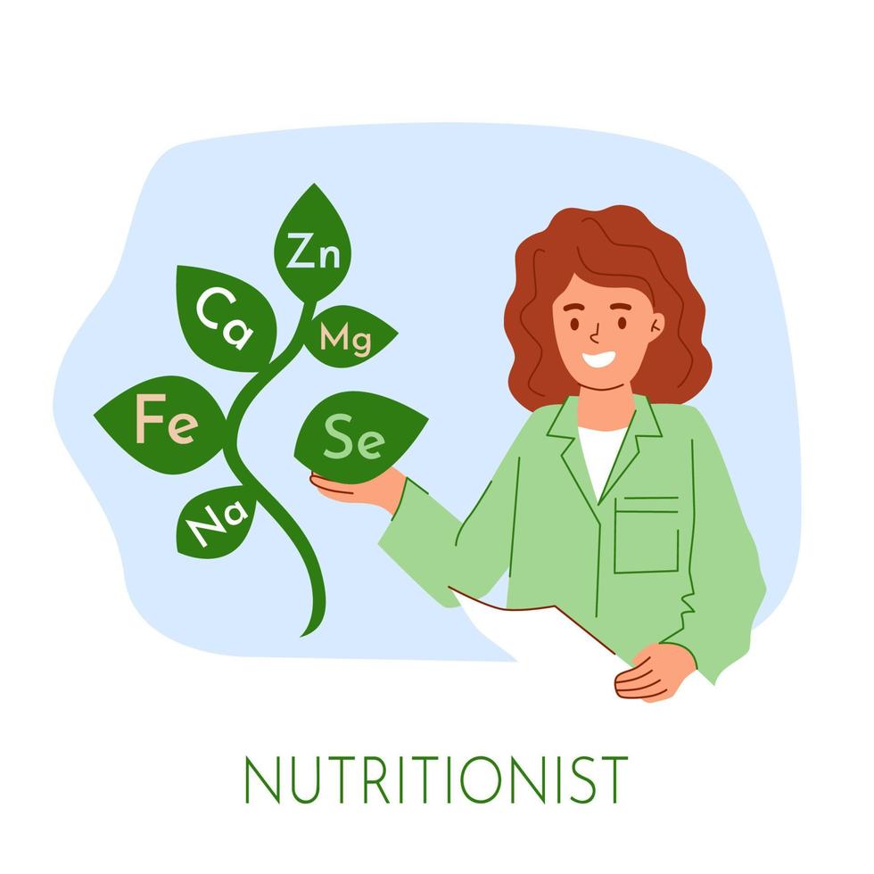 mujer nutricionista elige dieta de suplemento individual del árbol de microelementos, zinc calcio magnesio selenio sodio hojas de hierro. mejora de la salud con la ilustración de vector de concepto de nutrición