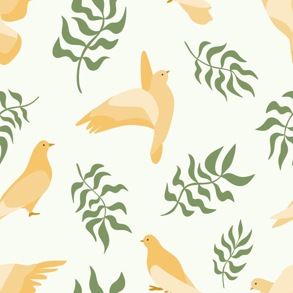 Seamless pattern with flat abstract doves and green olive brunches, peace and love symbol birds in different poses, flying pigeons and wavy leaves background for textile, paper vector illustration