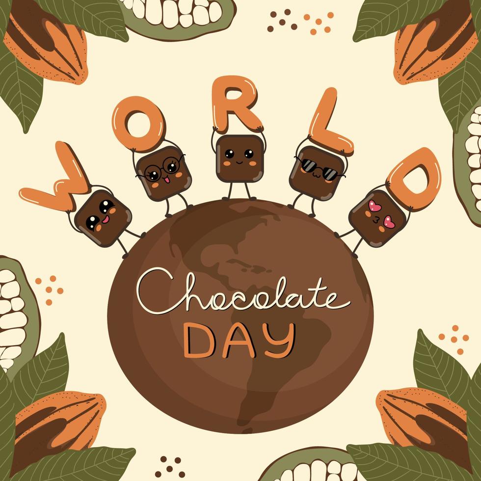 World Chocolate Day concept. Cute kawaii pieces of chocolate stand on chocolate globe with letters in hands, happy smile cubes of chocolate chatacters on cocoa fruit and leaves background vector. vector