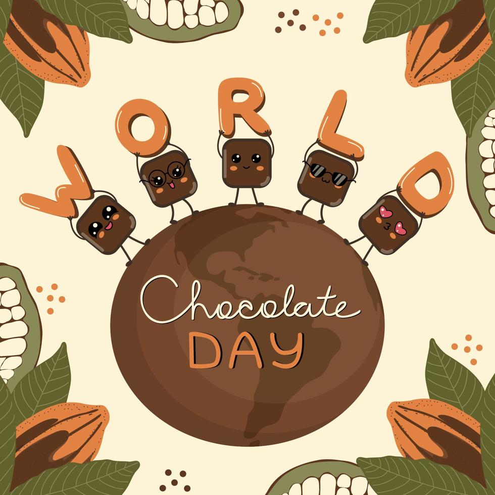 concepto del día mundial del chocolate. adorables trozos de chocolate kawaii sobre un globo de chocolate con letras en las manos, cubos de sonrisas felices de personajes de chocolate sobre frutas de cacao y vectores de fondo de hojas.