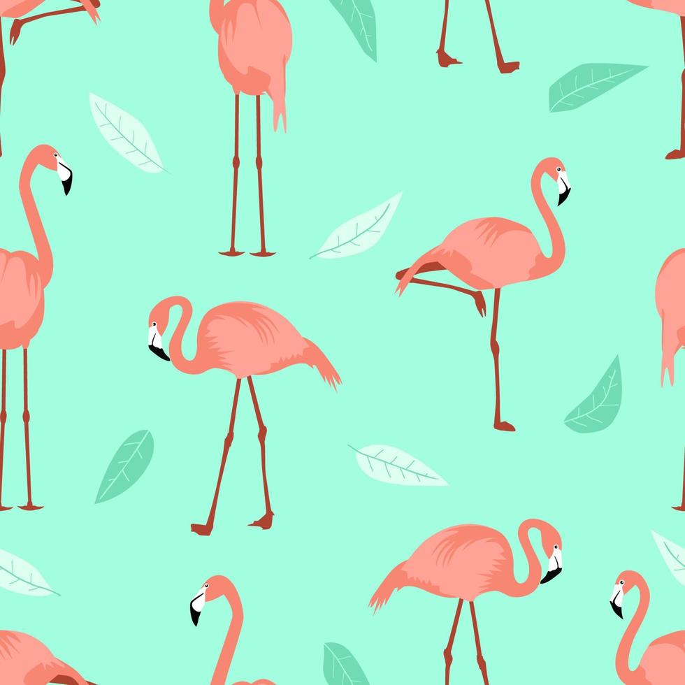 Seamless summer pattern flamingo turquoise foliage background. Exotic wading birds different poses. Side view flamingos for cover kids backdrops nursery wall design textile fabric vector illustration