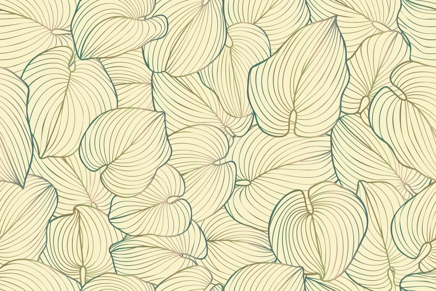 Hosta leaves seamless pattern. Hosta sieboldiana or funkia sina tropical leaves. Exotic tropical hand drawn curvy lines summer plants vector illustration for aesthetic print, cover, invitation.