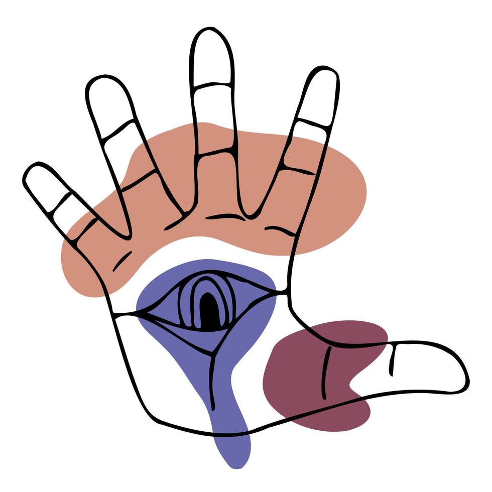 Open hand with fingers splayed and magic all seeing eye. Palm on abstract spots background. Vector illustration
