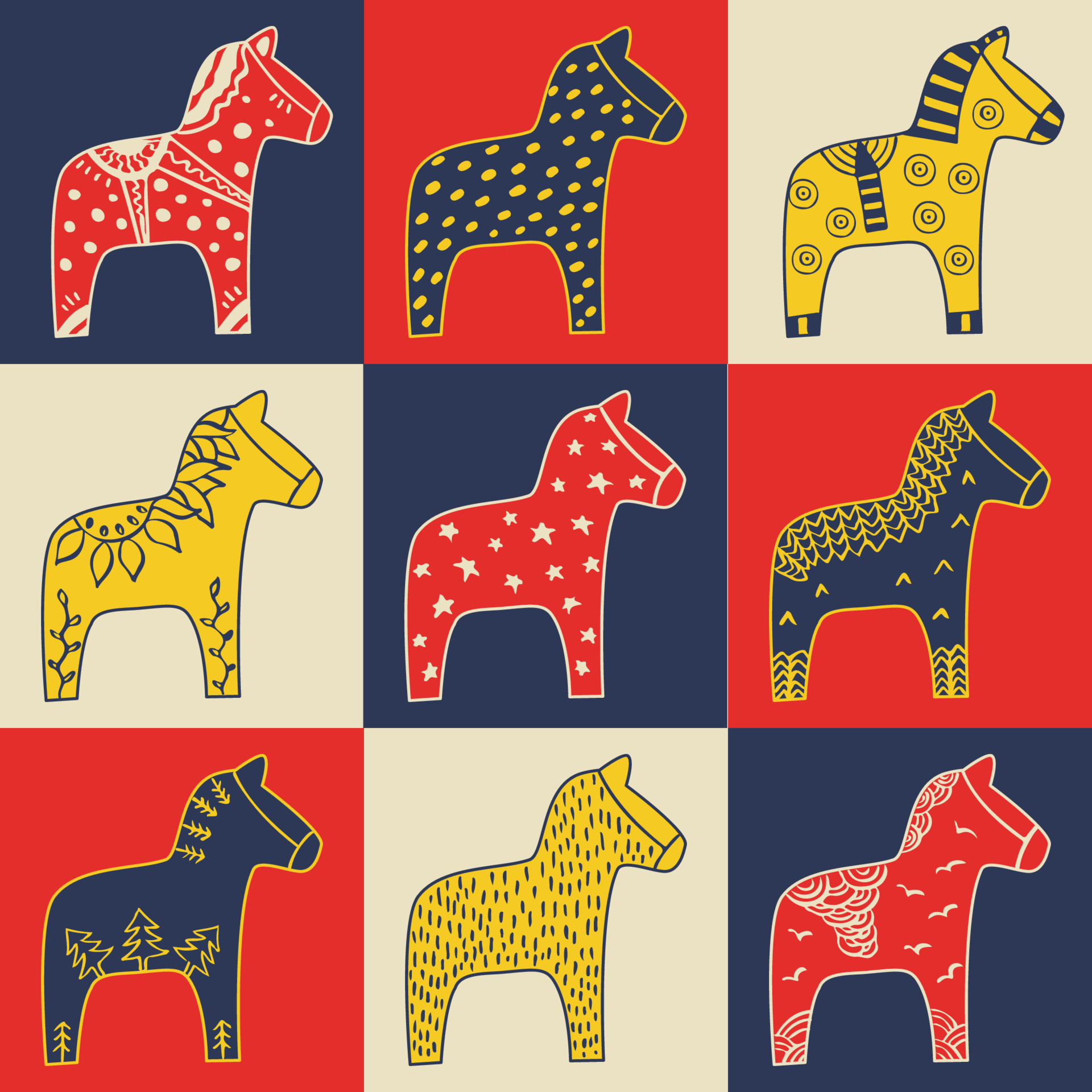 Dala horses set Hand drawn sketch traditional colors Swedish Dalarna