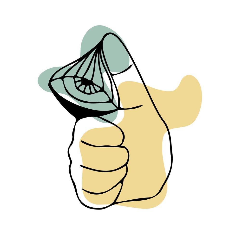 Thomb up OK finger gesture big finger up sig and magic eye on abstract spots background vector illustration
