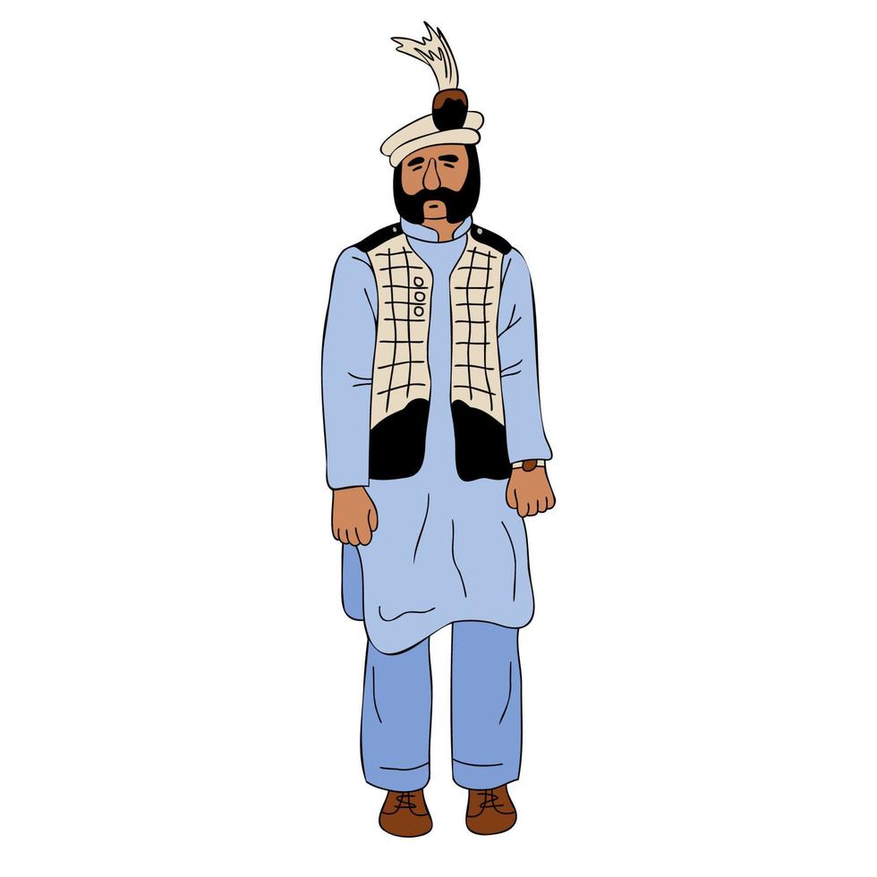 Elderly bearded man wearing the national dress of Pakistan. Shalwar kameez and Sherwani, old man portrait vector illustration