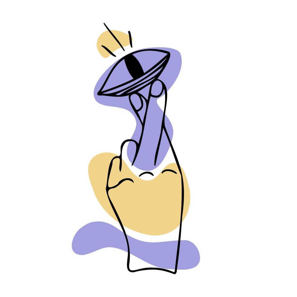 Hand with crossing fingers and all seeing eye on its for good luck. Hand gesture. Mystic lucky sign on abstract spots background. Vector illustration hand wishing something.