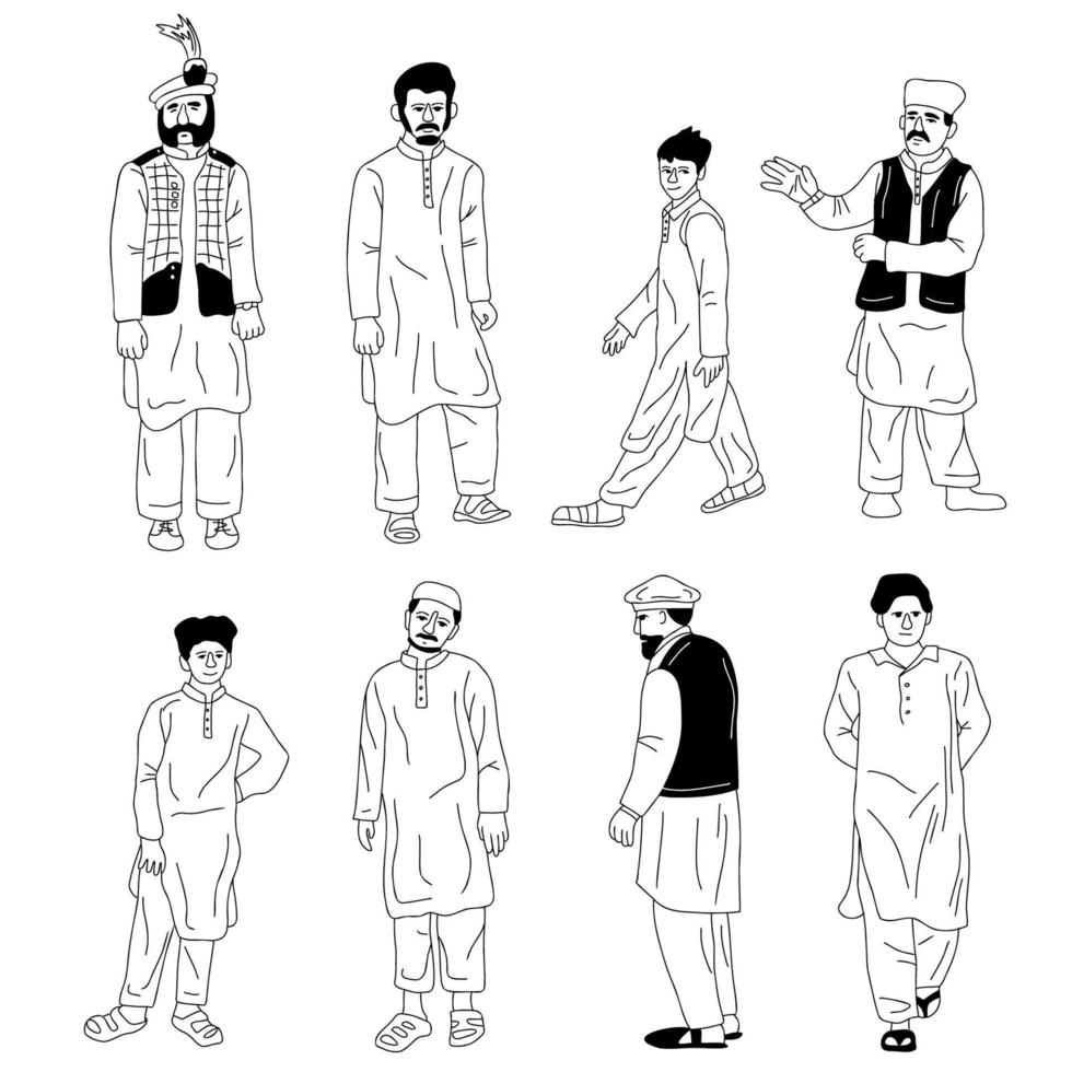 conjunto de hombres del sur de asia. niños, jóvenes y ancianos vestidos con shalwar kameez y sherwani vestido nacional de pakistán. Ilustración de vector de elementos de diseño de inclusión y diversidad
