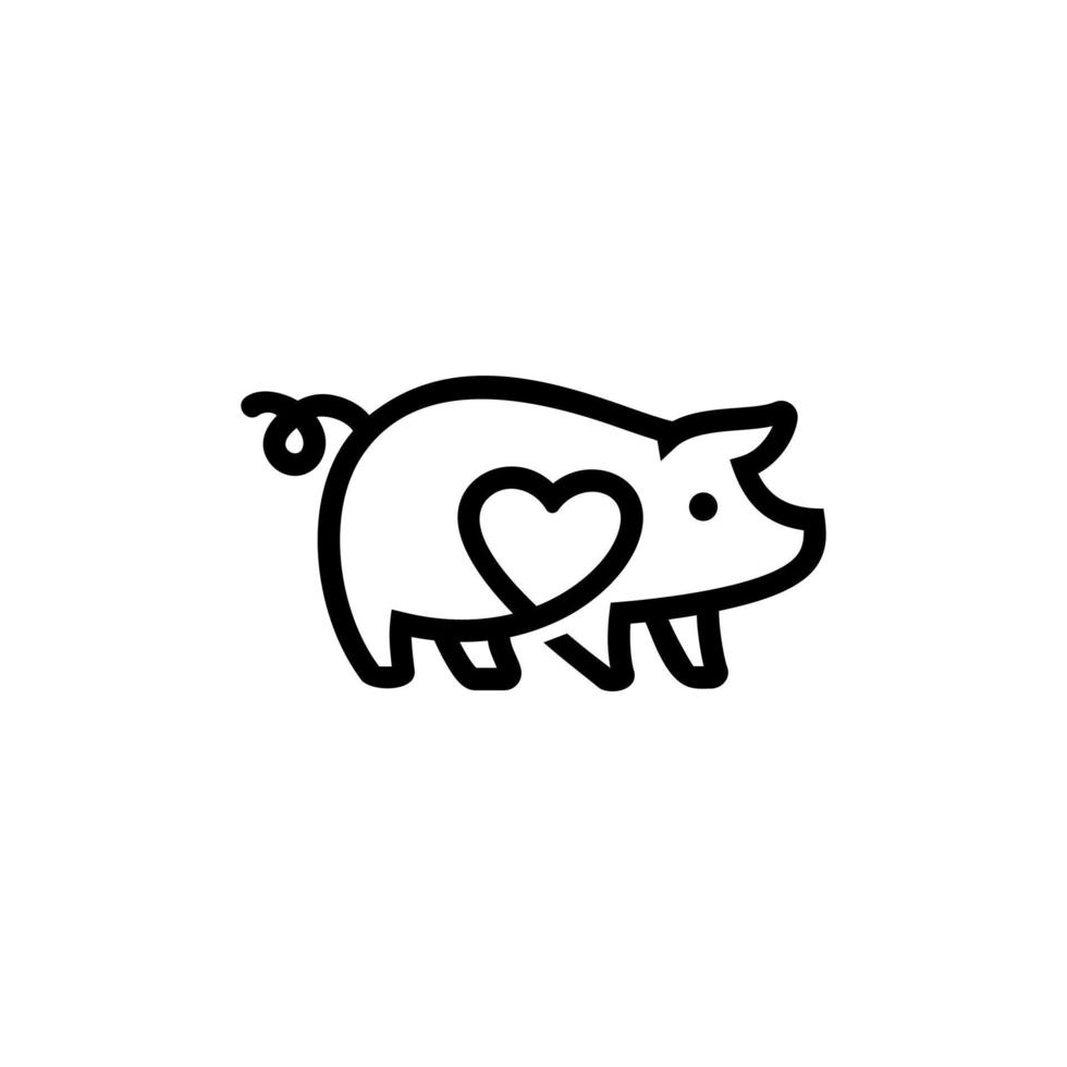 icono de línea de cerdo con diseño de vector de logotipo de amor, pequeño cerdo con diseño de ilustración de símbolo de corazón