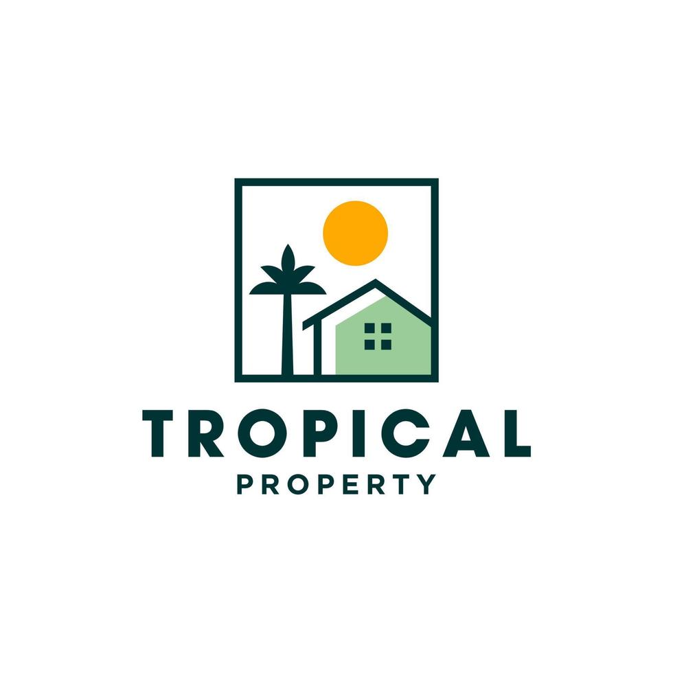 house with palm tree and sun logo vector, tropical beach home or hotel icon design illustration vector