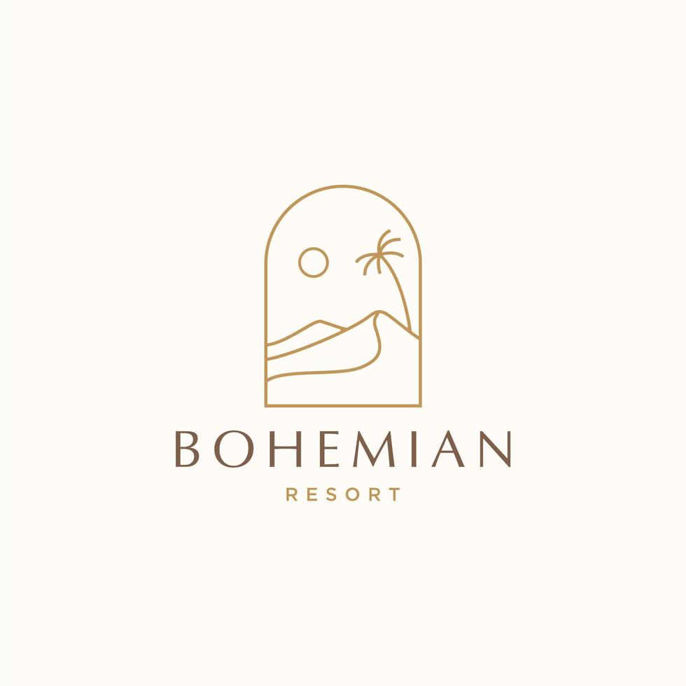 Desert boho logo with sun and palm tree golden line icon, abstract design element in modern boho style design Illustration for social media post and story vector