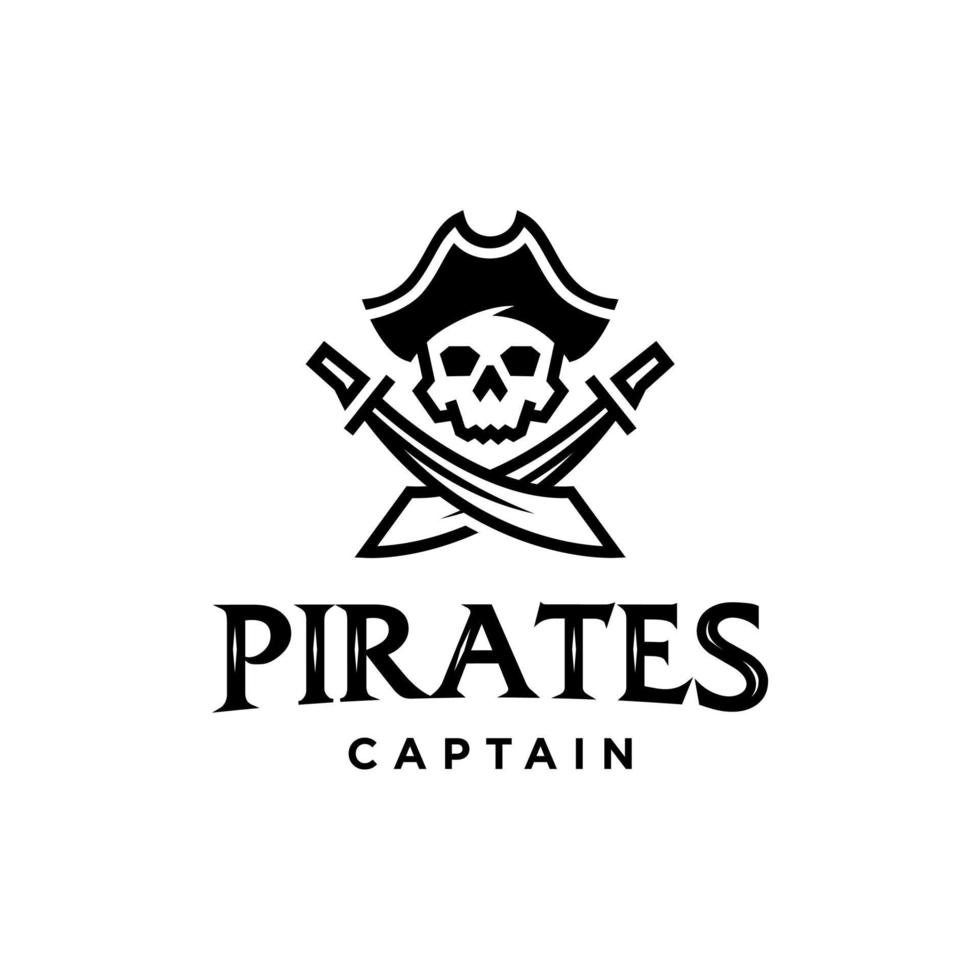cráneo pirata con sombrero y espadas cruzadas ilustración de diseño de logotipo de emblema marinero en estilo de mascota de línea de moda vector