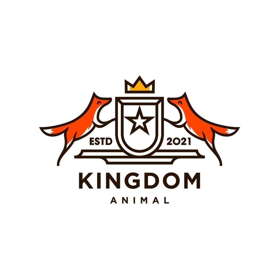 two orange fox coat of arms logo with shield, stars and golden crown symbol for animal kingdom in hipster classic modern minimal line trendy Illustration style vector