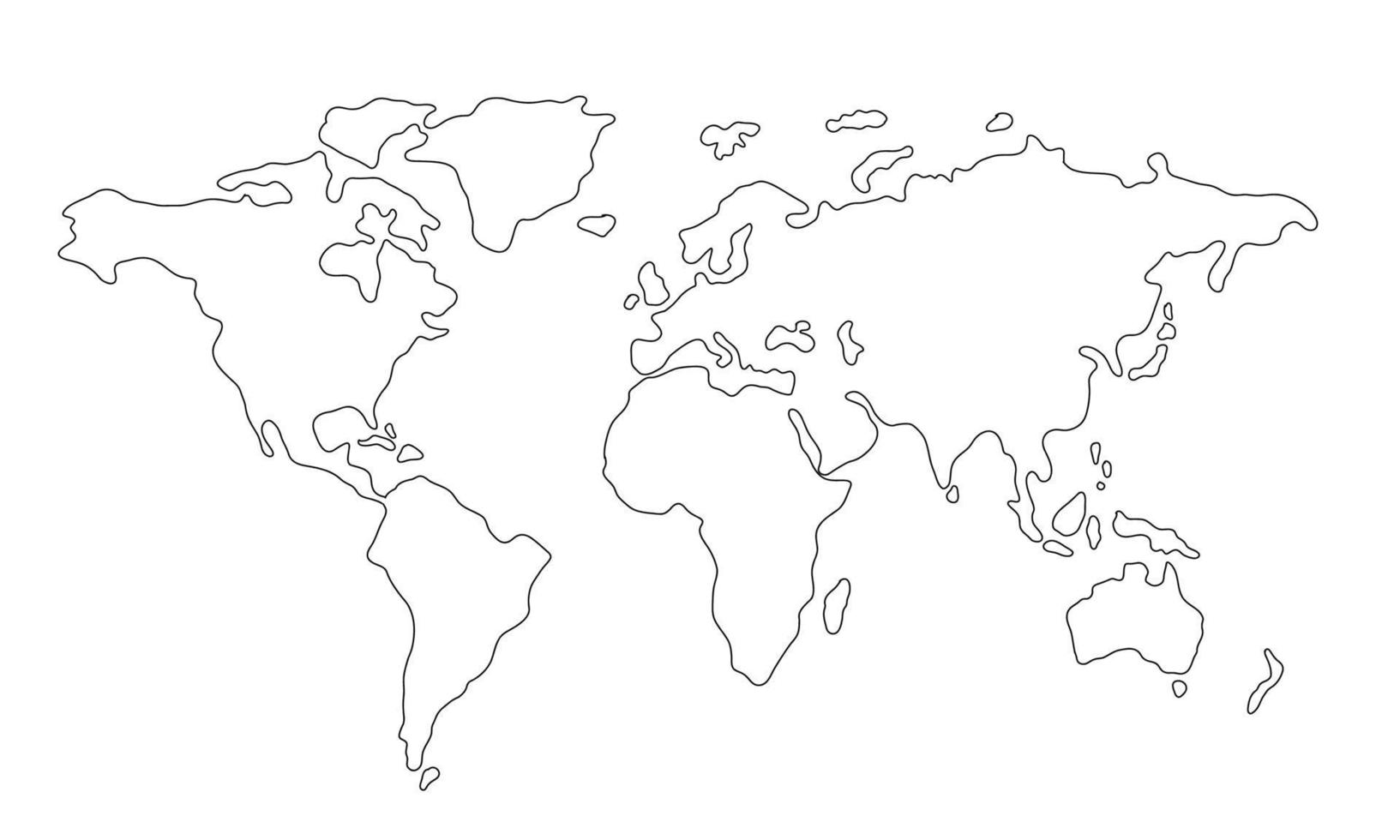 Line contour of the world map isolated on white background. Hand drawn simplified outline of continents. North America, Africa, Europe, Asia, Australia, South America mainlands vector illustration