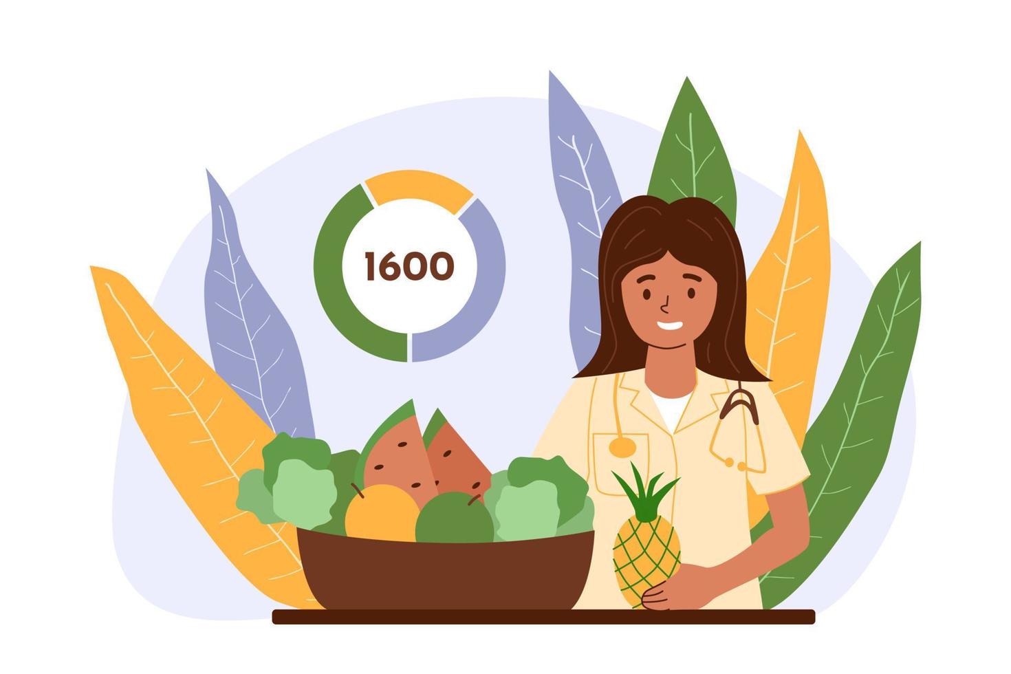 Nutritionist bowl of fruits and vegetables calorie mark. Healthy food, detox diet concept. Natural leaves background. Health improvement nutritions. Low calorie diet weight reduce vector illustration