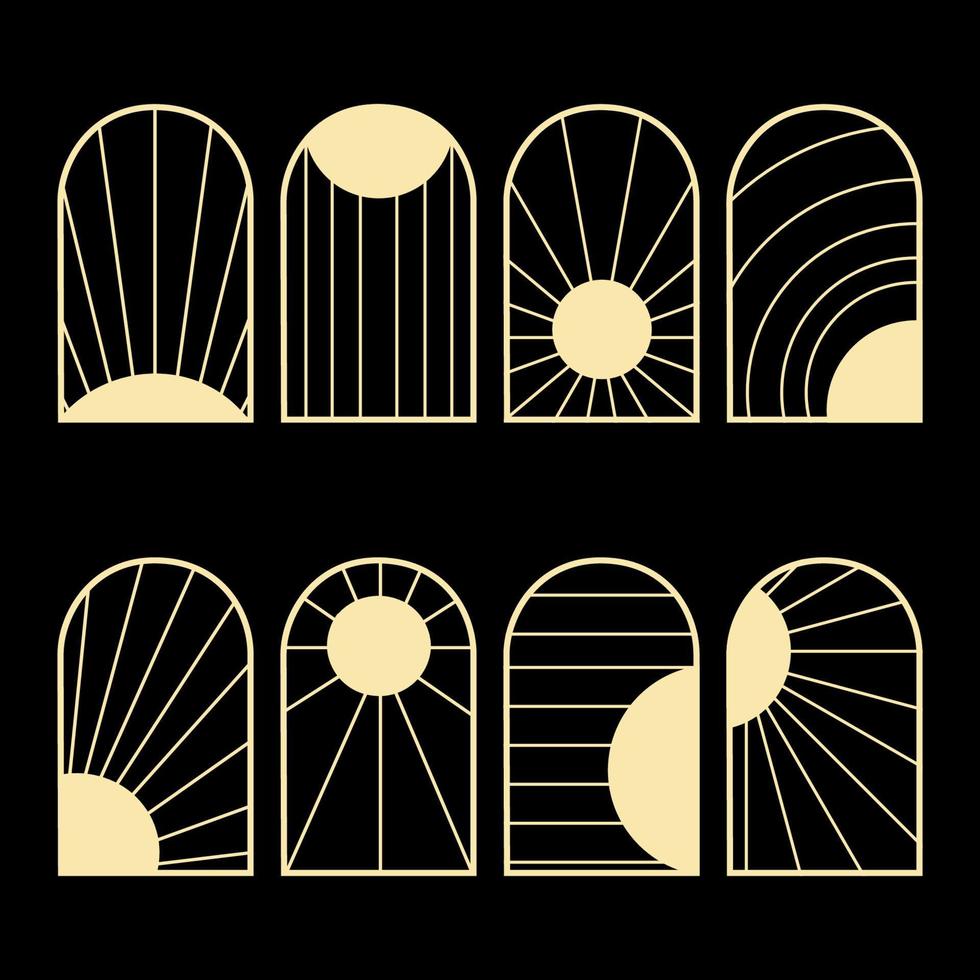 colección de arte del logotipo de la ventana del arco bohemio vintage, iconos y símbolos, sol o luna, rayos diseño abstracto geométrico decoración de pared minimalista escandinava simple ilustración vectorial interior de la habitación. vector