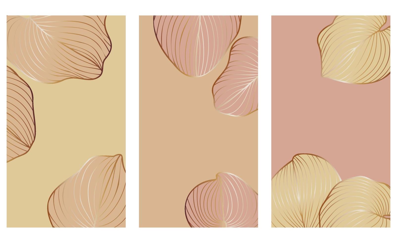 Abstract hosta leaves templates set. Luxurious art deco background with tropical leaves. Hand drawn pastel colored set. Aesthetic patterns for social media story poster invitation vector illustration