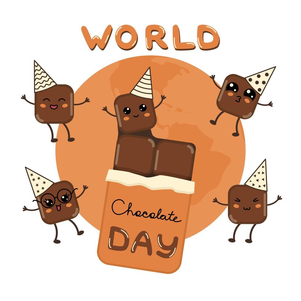 Cute kawaii pieces of chocolate characters celebrate world chocolate day. Chocolate emoji cubes in party hat happy smiling and jumping. Holiday of chocolate concept kids banner vector illustration