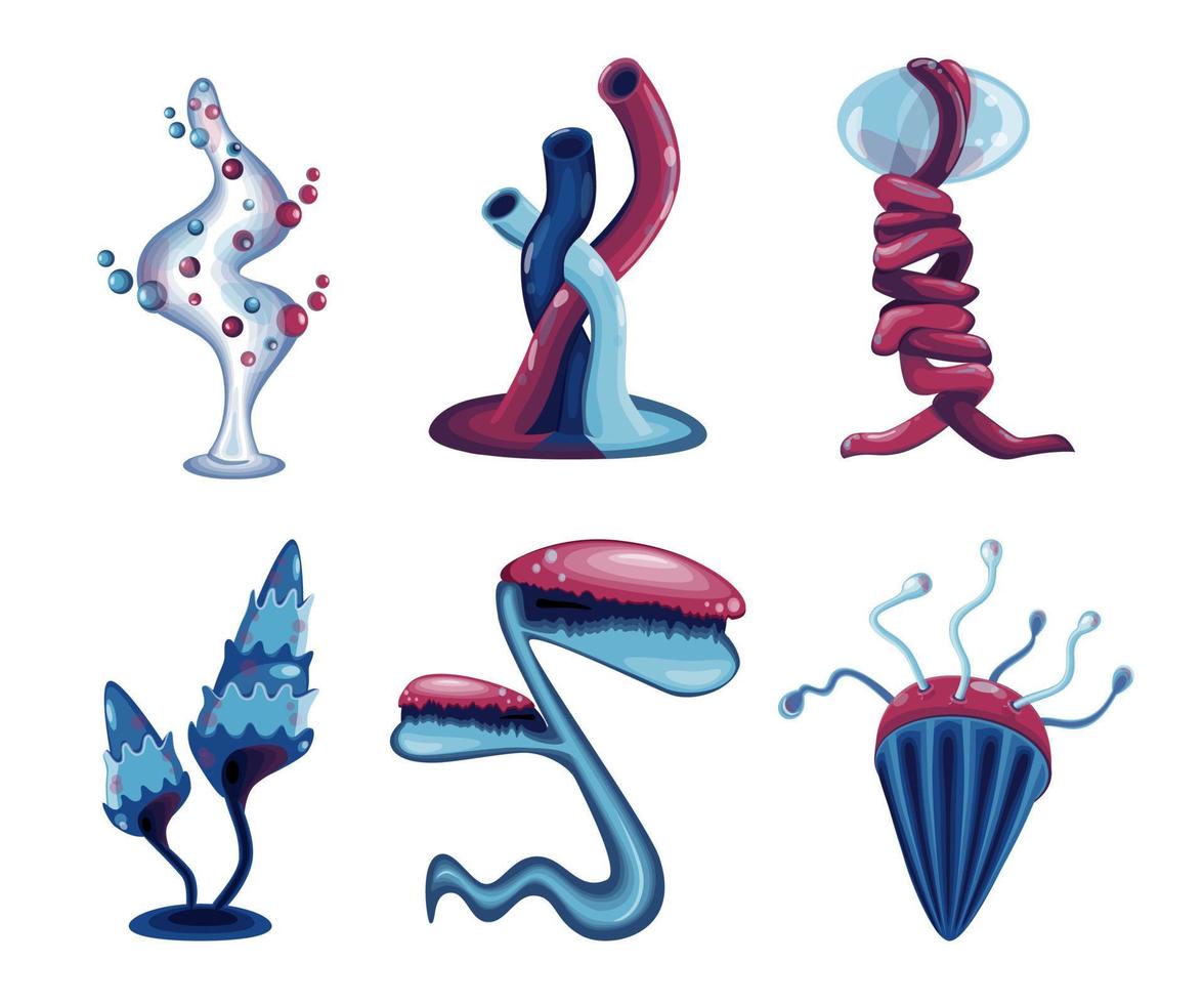 conjunto de plantas alienígenas de fantasía. elementos mágicos de la naturaleza inusual, setas, tentaculares, tubos, criaturas de burbujas aisladas en blanco. ilustración vectorial vector