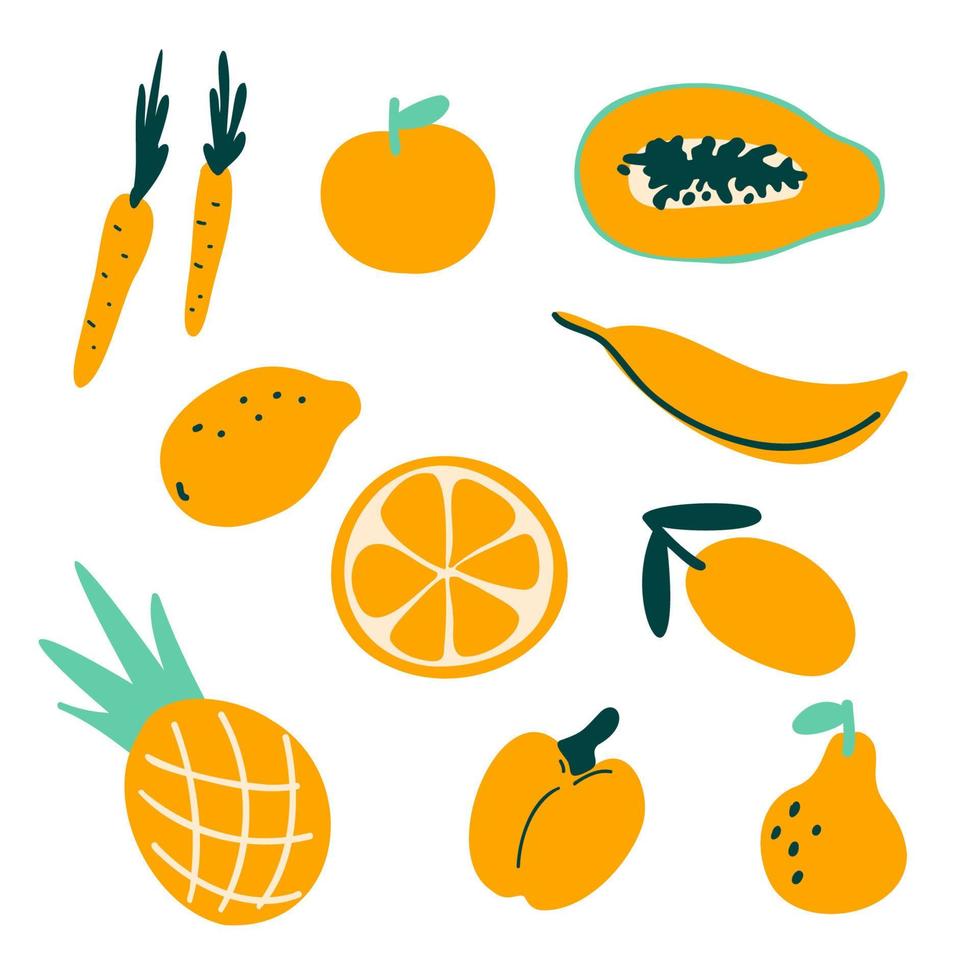 conjunto abstracto simple de frutas y verduras de naranja, colección de alimentos vegetarianos. piña fresca para niños, manzana, papaya en rodajas, plátano, pera, zanahoria, limón, melocotón, patrón de pimienta ilustración vectorial vector